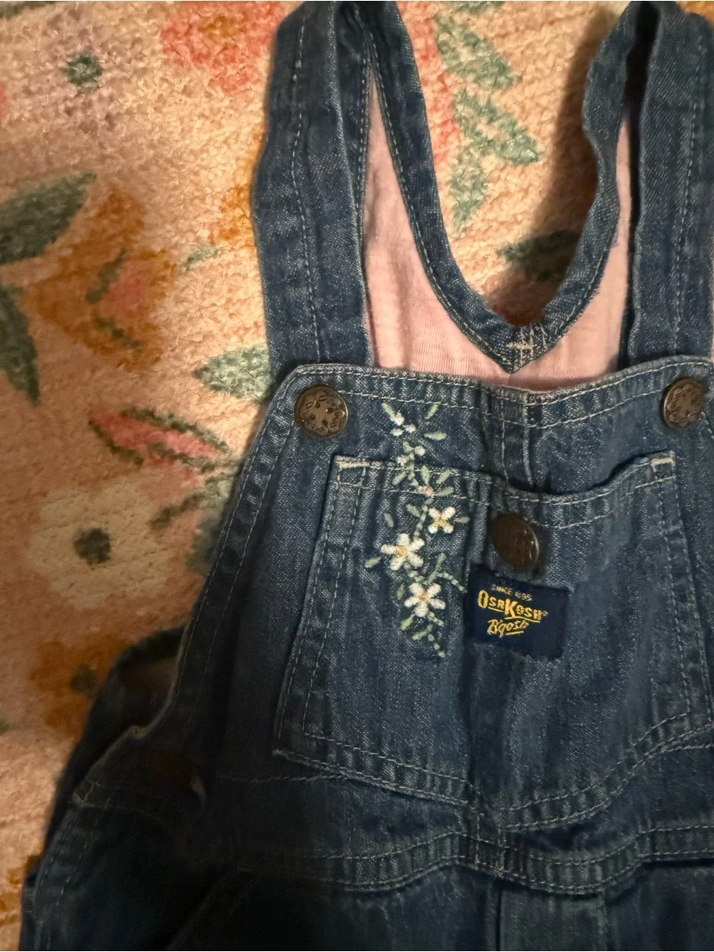 Vintage OshKosh B'gosh Navy Denim Overalls with Tiny Floral Embroidery